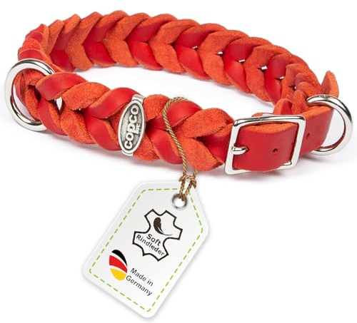CopcoPet Hundehalsband aus Fettleder 50–55 cm x 25mm Rot – Geflochtenes Lederhalsband – verchromt mit Dornschließe – Robust & verstellbar – Für große Hunde, ideal für Alltag & Training