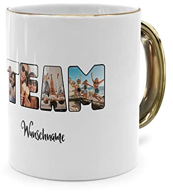 PhotoFancy® - Fototasse 'Team' - Personalisierte Tasse mit eigenem Foto und Text selbst gestalten - Gold glänzend