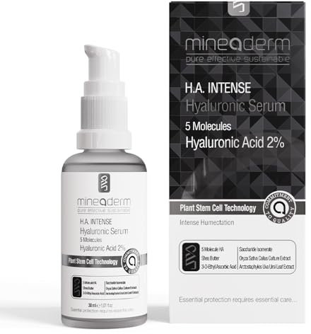 Mineaderm Hyaluron Serum Hochdosiert 5-Fach + Vitamin C & Pflanzenstammzellen – Glättende, Feuchtigkeitsspendende Anti-Falten Pflege für Strahlende Haut – 30ml