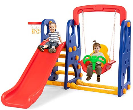 GOPLUS 4 en 1 Tobbogan Balançoire pour Enfants avec Panier de Basketball, Balançoire, Portique, Escalade, Toboggan Aire de Jeu pour Intérieur et Extérieur, Convient aux Enfants 3-8 Ans (Bleu+Rouge)