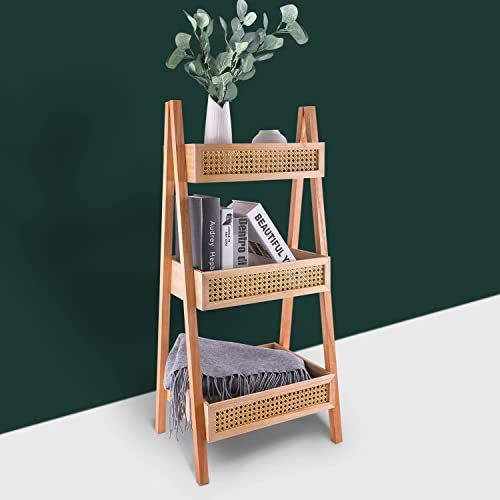 ZYBT Ladder Bookshelf, 3-Tier Rattan Bookshelf, Free Standing Bookcase, Blanket Ladder, Wood Organizer Storage Shelves for Living Room Bedroom Kitchen Balcony and Home Office