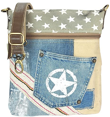 Sunsa Damen Umhängetasche. Nachhaltig Tasche aus recycelte Jeans & Canvas. Vintage Stil mit Stern Design Schultertasche. Kleine Crossover Bag