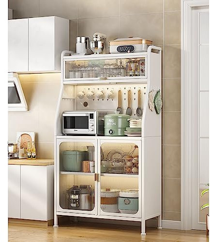 NJUN KüChenschrank,Mit Verstellbaren Haken Wohnzimmerschrank, Buffetschrank Verstellbare EinlegeböDen Und Kabelloch, Küchenbuffet für Küche, Wohnzimmer oder Arbeitsbereich(Weiß86x36x160)