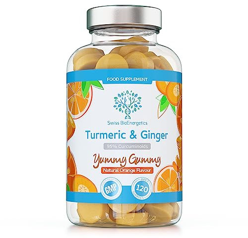 Turmeric Curcumin Gummies with Ginger - 120 Natural Orange Flavour Juicy Yummy Gummies – with a Huge 95% curcuminoids, Vegan & Gelatin Free – 2 Month Supply for Men, Women & Children – Made in The UK