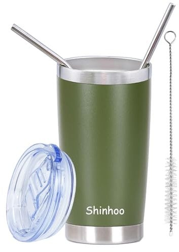 Shinhoo 20oz/ 550ml Insulated Travel Mug Reusable Coffee Cup Tumbler with Straw and Lid for Hot Cold Drinks (Green)