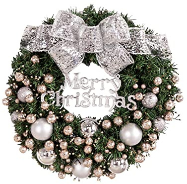 Türkranz Weihnachten Weihnachtsgirlande Weihnachtskränze mit silberfarbenen Schleifen und Kugeln Haustür Wand Weihnachtsfeier Dekorationen hängen Türkranz Weihnachten Adventskranz