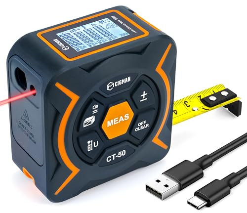 Misura di Nastro Laser, CIGMAN 2 in 1 50M Misuratore a nastro telemetro laser, Metro a nastro Digitale Ricaricabile Tramite USB, con ricarica HD LCD - Pitagora, area, volume, telemetro digitale