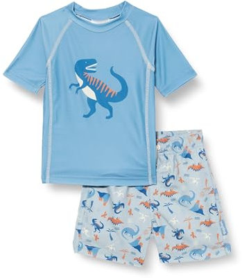 Playshoes Unisex Kinder UV-Schutz Bade-Set zweiteilig Schwimmshirt Badeshorts Badebekleidung, Dino blau, 122/128