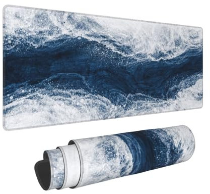 Grand tapis de souris de jeu bleu marine et blanc, grand clavier étendu, tapis de souris de jeu long avec motif vagues d'ordinateur, pour la maison, le bureau, le travail, le bureau, les bords cousus