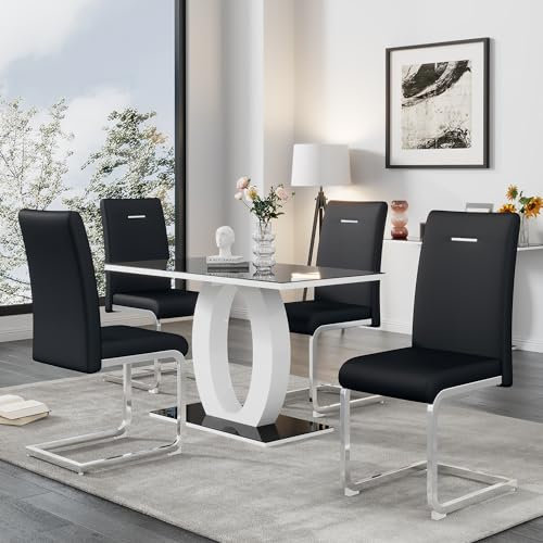 KUAKE Freischwinger, Set 4 St, verchromtes Metallgestell, Rückenlehne mit galvanischem Metall verziert,PU Kunstledergewebe,Humanmechanik (Schwarz)