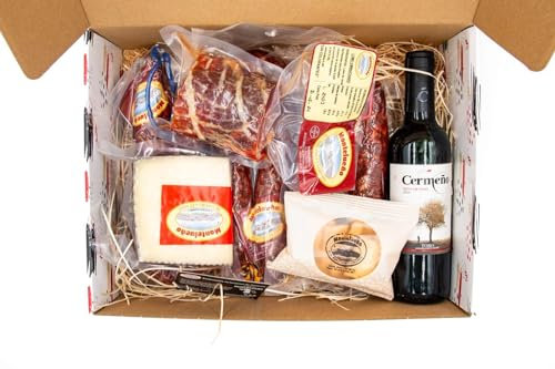 MONTELUEÑO | Cesta Gourmet con Vino - Surtido de embutidos naturales con Salchichón, Chorizo, Lomo, Queso, Vino Tinto, Picos. Ideal para picoteo, regalo, cesta navidad