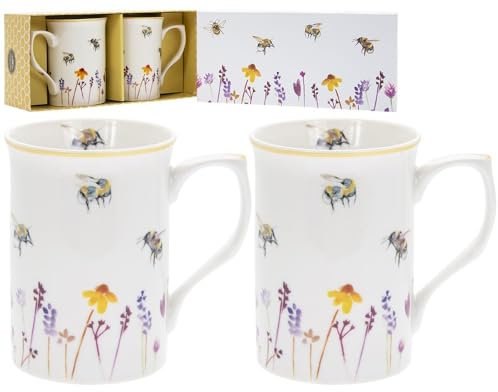 Tea Coffee Mug Pretty White Floral Water Colour Busy Bees Design by Jennifer Rose Gallery Boxed Busy Bees Breakfast Mug Fine China Mugs 11cm x 8cm x 10cm 250 ml Pack of 2.