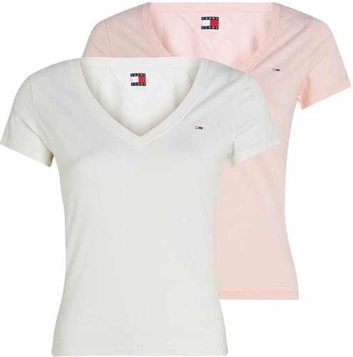 Tommy Jeans Lot de 2 t-Shirts à Manches Courtes et col en V pour Femme, Multicolore (écru/Rose précieux), L