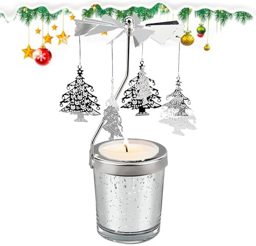 Portacandele di Natale, Metallo Rotante Portacandele Albero di Natale Babbo Natale Rotante Vetro Filatura Portacandele Argento Carosello Candeliere per Decorazione Domestica di Nozze di Xmas (A)