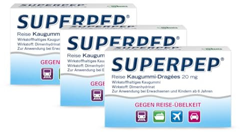 SUPERPEP Reise Kaugummi Dragees - Gegen Reiseübelkeit und Motion Sickness ohne Schläfrigkeit - Für Erwachsene und Kinder ab 6 Jahren - Vorteilspack 3x10 Stück