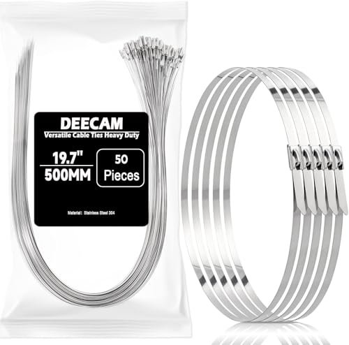 Stainless Steel Cable Ties, Deecam 50 Pcs 4.6×500mm Metal Cable Tie, 304 Stainless Zip Ties with Steel Ball Stopper, Suitable for Exhaust Wrapping, Binding Tie, Garden Repair and Fixed Fence(50 Pcs)