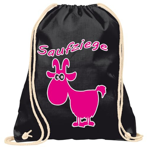 Print Deluxe Rucksack bedruckt mit Spruch, Saufziege, Hipster, Sportbeutel, Turnbeutel, Sprüche Jute Beutel, Zuziehbeutel mit Kordeln (Schwarz)
