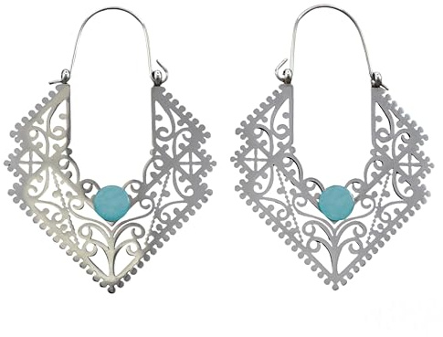 Orientalische Boho Creolen aus Edelstahl mit Amazonit – Silberne Ethno Huggie Hoops, Hypoallergen und Nickelfrei | Festival Schmuck, Geschenkidee für Frauen, Boho-Stil Ohrschmuck