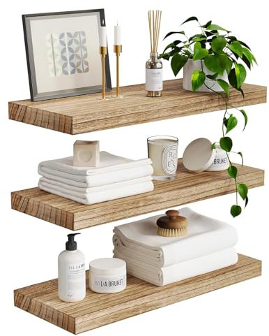 Junw 3 Pack Floating Shelves for Wall, Nature Wood Wall Shelf, 41cm Rustic Farmhouse Wooden Shelves for Kitchen, Living Room, Bedroom, Bathroom Storage