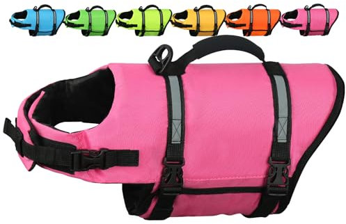 AMZNOVA Rip Stop Hundeschwimmweste, Schwimmweste Hund für Bootfahren, Auftrieb & Schwimmhilfe, Rettungsweste, M, Rosa