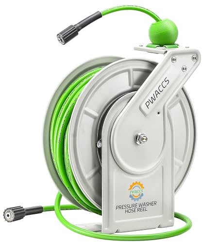 PWACCS Avvolgitubo per idropulitrice, Avvolgitubo a pressione retrattile 1/4 × 60 ft, Avvolgitubo per idropulitrice resistente, Avvolgitubo professionale con riavvolgimento automatico, Montaggio a