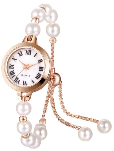 Oidea Women's Pearl Bracelet Watch: Fashion Elegant Faux Pearl Round Dial Analog Quartz Wrist Watch Casual Dress Ladies Watch Adjustable Wristwatch