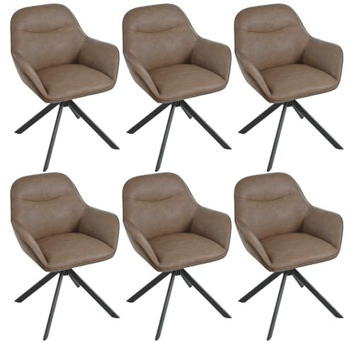 Goeurvant Esszimmerstühle 6er Set drehbar mit Armlehne Küchenstuhl drehbar Polsterstuhl Drehstuhl Esszimmer aus Kunstleder mit Metallbeine und Rückenlehne für Esszimmer Küche Büro, Dunkelbraun