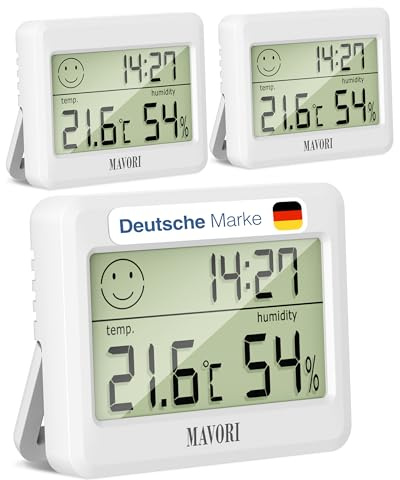 Hygrometer Thermometer innen mit Uhr - präziser Luftfeuchtigkeitsmesser & Raumthermometer innen - Thermometer Hygrometer innen, Temperaturmessgerät & Hydrometer, (weiß, 3er Set) - neues Modell 2026