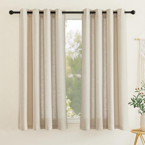 PONY DANCE Kurze Gardinen Halbtransparent Ösen Vorhang Leinen Schlafzimmer | Natur,2er Set,H175 x B140 cm,Boho Gardinen Leinenoptik Kinderzimmer,Leinenvorhang Landhaus Küche/Badezimmer,Linen Curtains