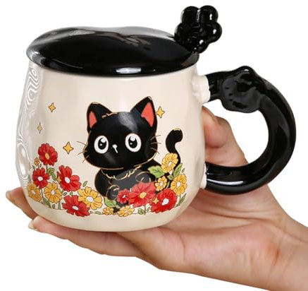 Tasse à Café de Chat Mignon Femme Mug à Thé de Chien avec Couvercle Homme Tasse de Lait Animal en Céramique Mug de Jus pour Cappuccino Expresso Bière Chocolat Chaud Glace Eau Yaourt avec Céréales