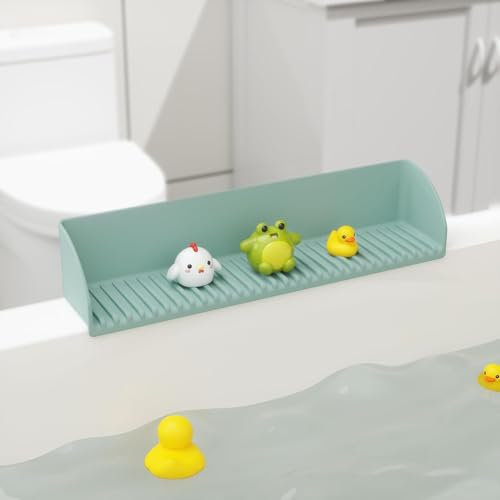 LAHAQIQI Silicone Sink Water Bathtub Splash Guard with 4 Suction Cups for Kitchen and Bathroom, Bath Toys Storage Tub Play Shelf Tray for Kids(Aqua, 2Pack)