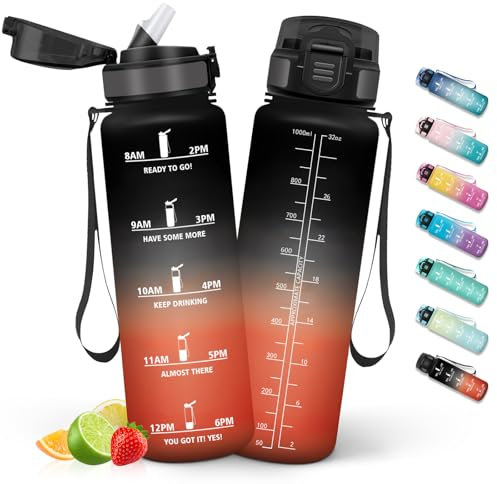 HoneyHolly Botella Agua 1 Litro, Botella Agua Gimnasio sin BPA con Marcador de Tiempo, Plastico Cantimplora Deportiva Motivacional, con Pajita, Cantimplora para Gimnasio, Colegio, Bicicleta