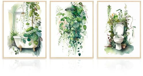 Dazzlewall 3 Stück Botanische Badezimmer Bilder, Salbeigrüne Tropische Blattdrucke für Badezimmer Waschküche Deko 12x16 Zoll Ungerahmt