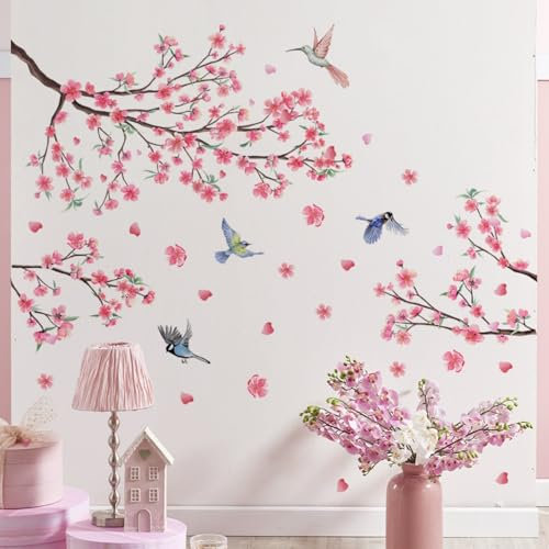 Decalcomanie murali di rami di alberi di ciliegio, adesivi murali di uccelli di fiori rosa, decorazione murale per camera da letto, soggiorno, divano, sfondo TV