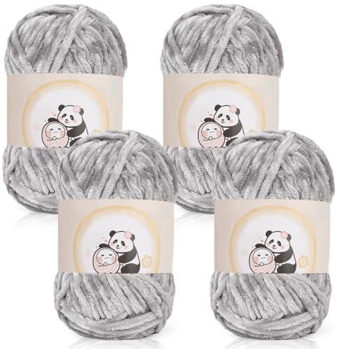 Aeelike 400g Warme Chenille Wolle zum Stricken, Flauschige Dicke Garn zum Handstricken, Samt Velvet Babywolle zum Häkeln, Weich Plüschwolle für Amigurumis Babydecke, Hellgrau