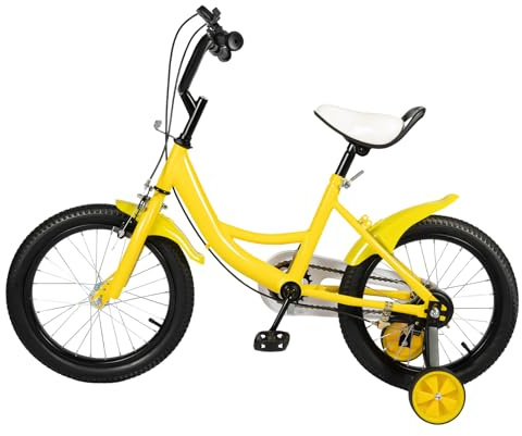 Mqwdxzfes 16 Zoll Kinderfahrrad, Kinder Fahrrad Höhenverstellbar Kinderfahrrad mit Stützrädern und Korb, Tretfahrrad Anfänger Fahrrad Lauflernhilfe für Kinder Radfahren für ab 5-8 Jahre, Gelb-Schwarz