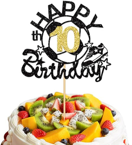 Glitzer Tortenaufsatz Happy Birthday zum 10. Geburtstag, Fußball Design, Schwarz und Gold.Tortendeko Fussball,Fußball Cupcake Toppern,Happy Birthday Fussball Tortendeko
