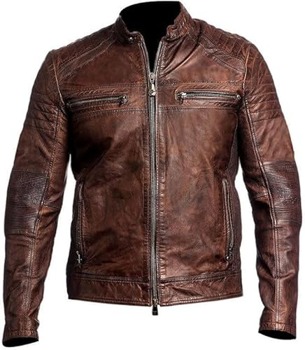 A&M Express Herren Vintage Cafe Racer Lederjacke Echt Schaffell Mantel mit Gesteppten Ärmeln Dunkelbraun, Braune Schaffelljacke, S