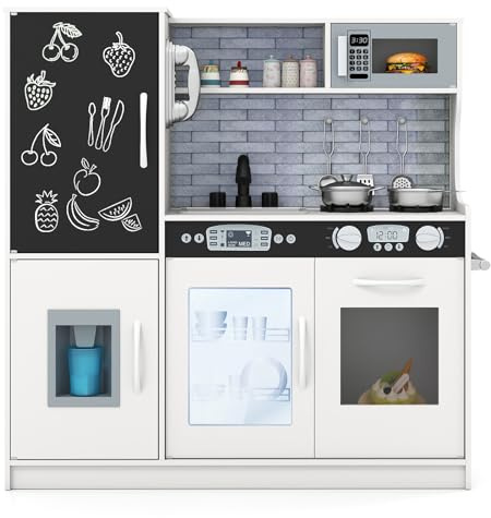 RELAX4LIFE Cucina Giocattolo per Bambini, Gioco Cucina in Legno con Frigo con Lavagna, Microonde, Forno, Macchina per il Ghiaccio, Mini Cucina per Bambini 3-6 Anni (Beige,82 x 24 x 80 cm)