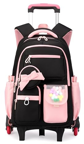 ZHANAO Rolling Backpack for Girls Kids Backpack with Wheels Cute Girls Trolley Bags Rolling School Bag for Elementary Middle, Black+pink 6 Wheels, 32(L)*22(W)*46cm(H); 12.59(L)*8.66(W)*18.11(H) inches