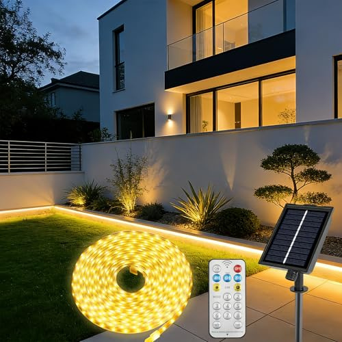 Solar Powered LED Strip Lights 10M 640LEDs, IP68 Waterproof Outdoor LED Lights with Remote, 8 Modes Dimmable Rechargeable Battery Operated LED Lights for Garden Patio Yard Porch Decoration, Warm White