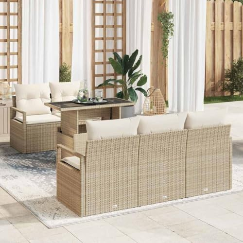 Kaloriko Modulares Poly-Rattan Sofa Set, 6-teilig, Beige und Creme, UV-beständig, mit Kissen, Gartentisch höhenverstellbar, für Garten und Terrasse
