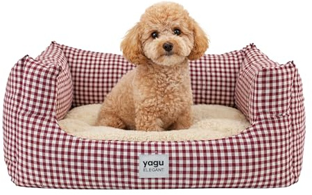 YAGU Cama para Perros y Gatos T-2 63x47x23cm - Vichy Grana | Cama para perros y gatos de 3 a 10 Kg con interior de borreguillo suave, cojín reversible, fibra y base antideslizante