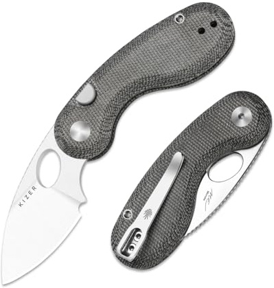 Kizer Microbe EDC Taschenmesser Klappmesser, V2742A2 | 5,5 cm 14C28N-Stahl Drop-Point-Klinge EDC Messer mit Schwarzem Micarta-Griff, Outdoor Messer für Camping und Wandern