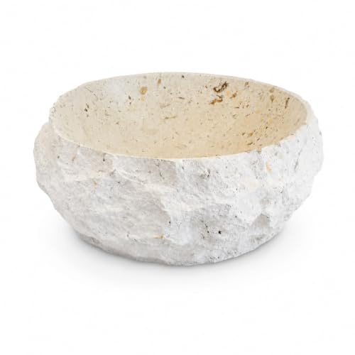 Lavabo à poser en marbre beige 42 x 42 x 15 cm, lavabo rond pour salle de bain avec intérieur poncé et extérieur brut, pierre naturelle