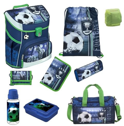 Familando Jungen Schulranzen 1. Klasse · Scooli Campus Fit Schultasche · ergonomisch & leicht · Schulranzen Set für Jungs und Mädchen (9-teiliges Set mit Sporttasche, Fußball Blau)