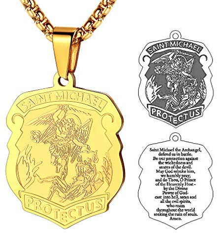 FaithHeart - Medalla de Arcángel Miguel con colgante de San Miguel ángel de la guarda de acero inoxidable, oro/negro con cadena de 55 + 5 cm, joyas religiosas para hombre y mujer (caja de regalo), 55,
