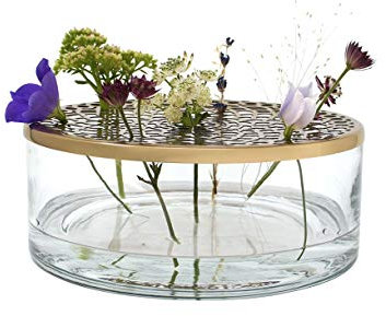LaLe Living Vase en fer et verre avec ornement doré, Ø 20,5 x 7 cm