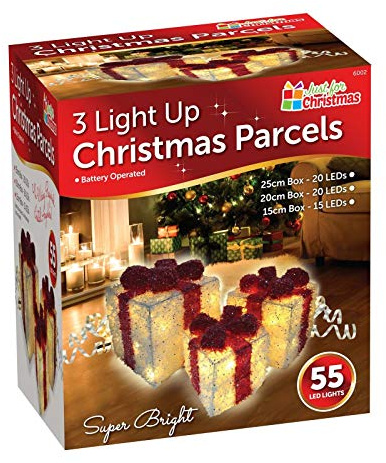 ADEPTNA New Set of 3 Christmas Light Up Glitter Parcels Box set - Illuminated Presents Xmas Decoration Gift Battery Operated 55 LED Super Bright (WHITE & RED)