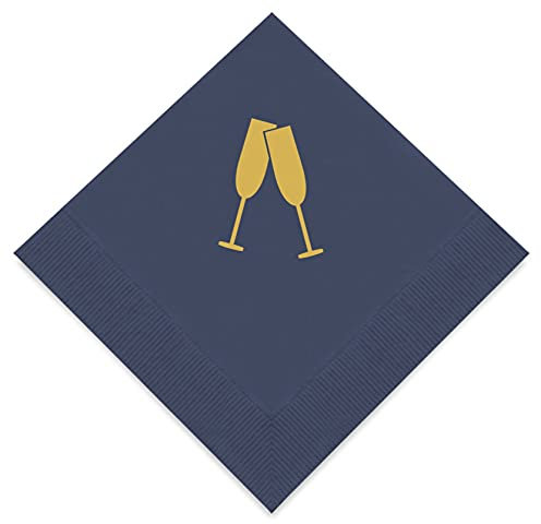 Weddingstar 3-Ply Gold Foil Cocktail Napkins Navy Blue - Champagne Flutes
